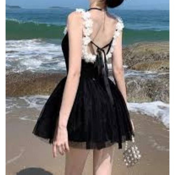 Shein Black Mini Dress Sz M Balletcore Mesh Skirt White Roses Attached Shorts - Picture 3 of 9